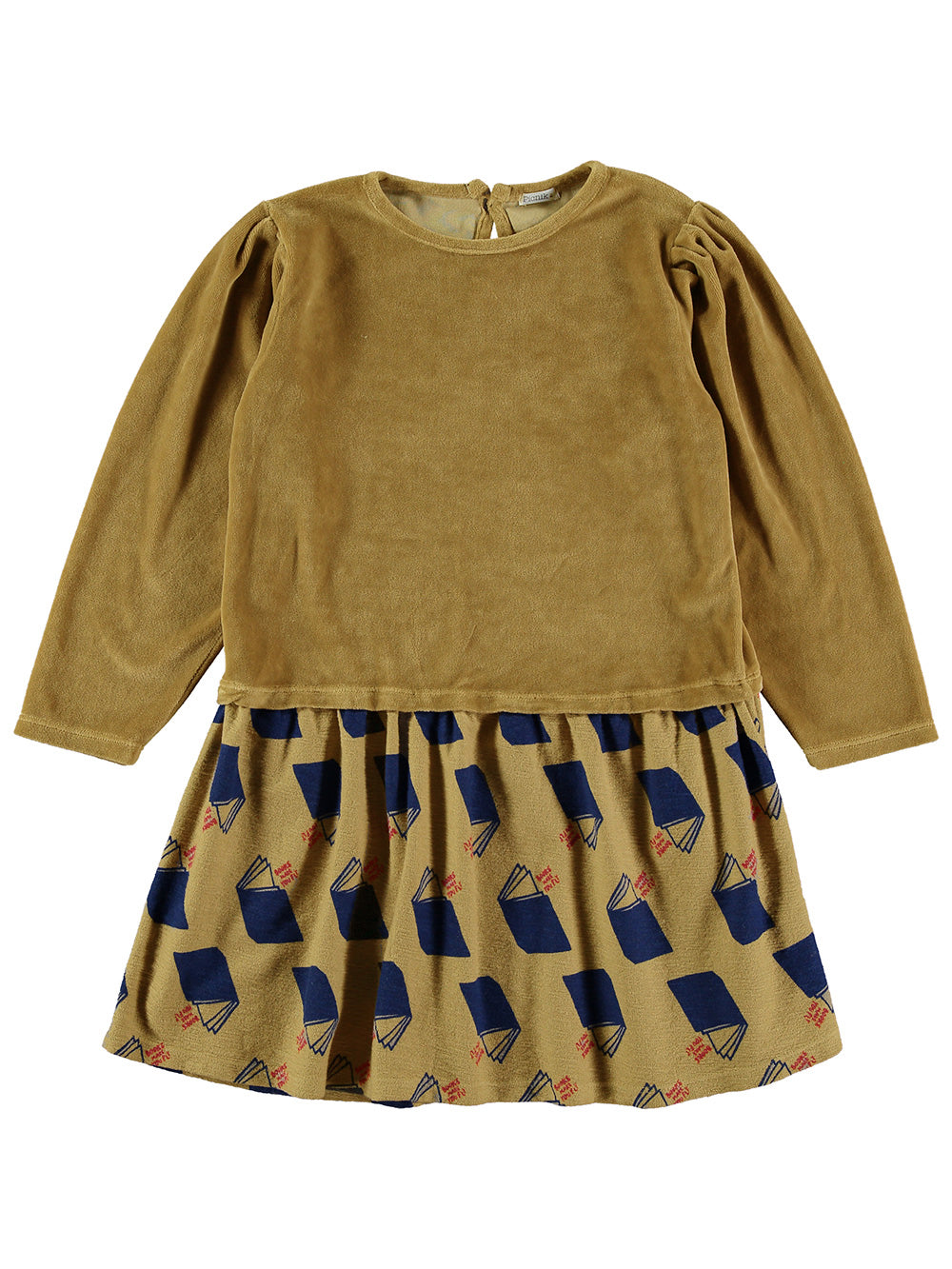 VESTIDO TERCIOPELO COMBINADO ESTAMPADO LIBROS AMARILLO MOSTAZA