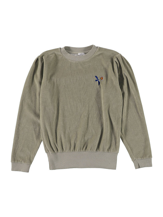 CAMEL BIRD AND SUN EMBROIDERED VELVET SWEATER