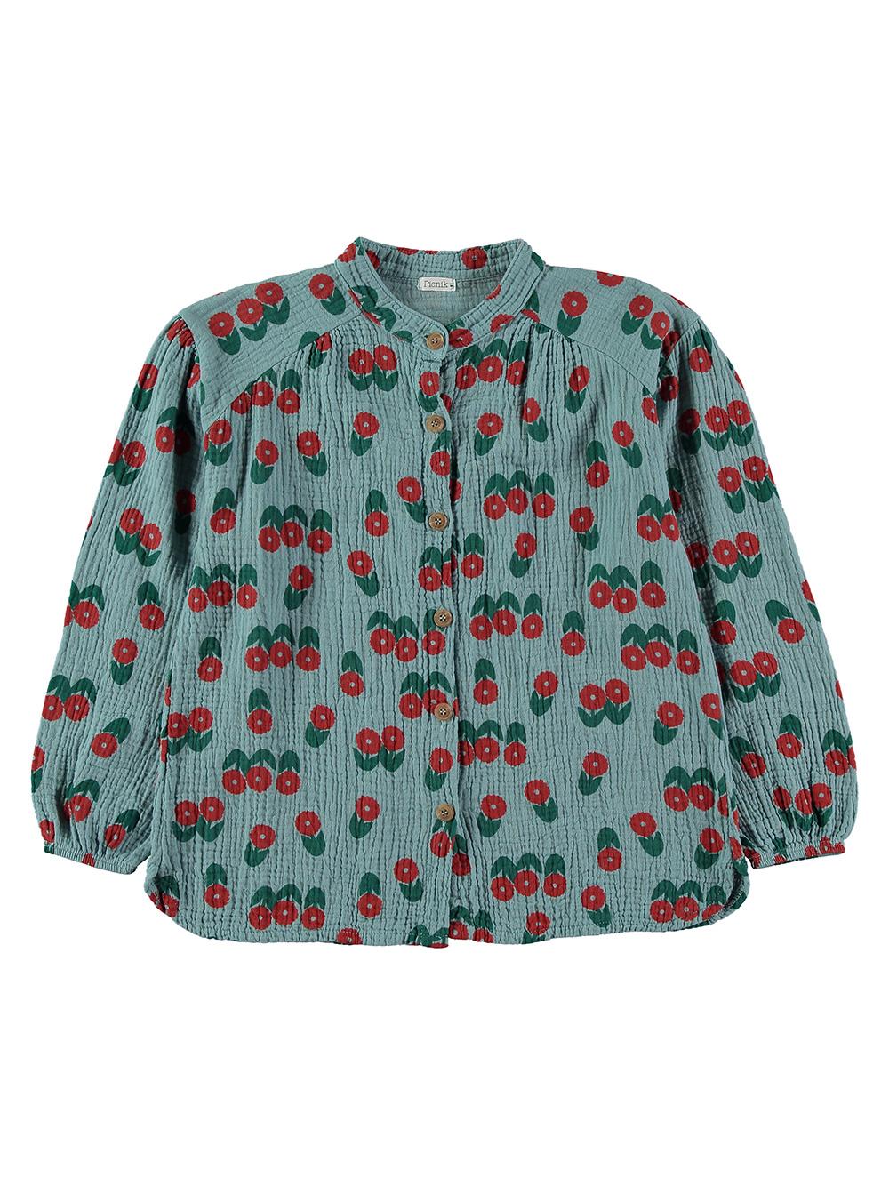 BLUE MAO COLLAR SHIRT WITH FLOWER PRINT