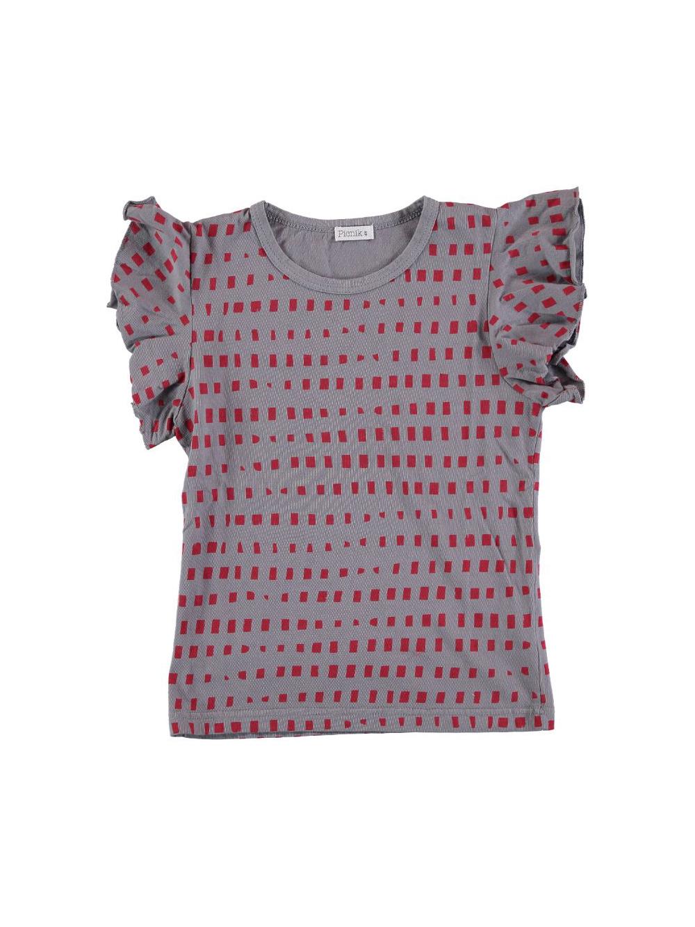 CAMISETA VOLANTES ESTAMPADO RECTÁNGULOS GRIS