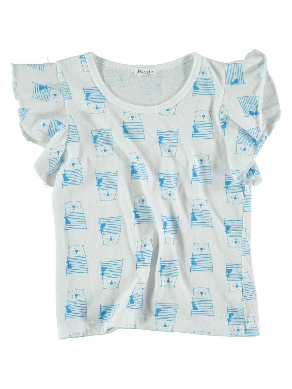 CAMISETA VOLANTES ESTAMPADO GATOS Y PECES BLANCO