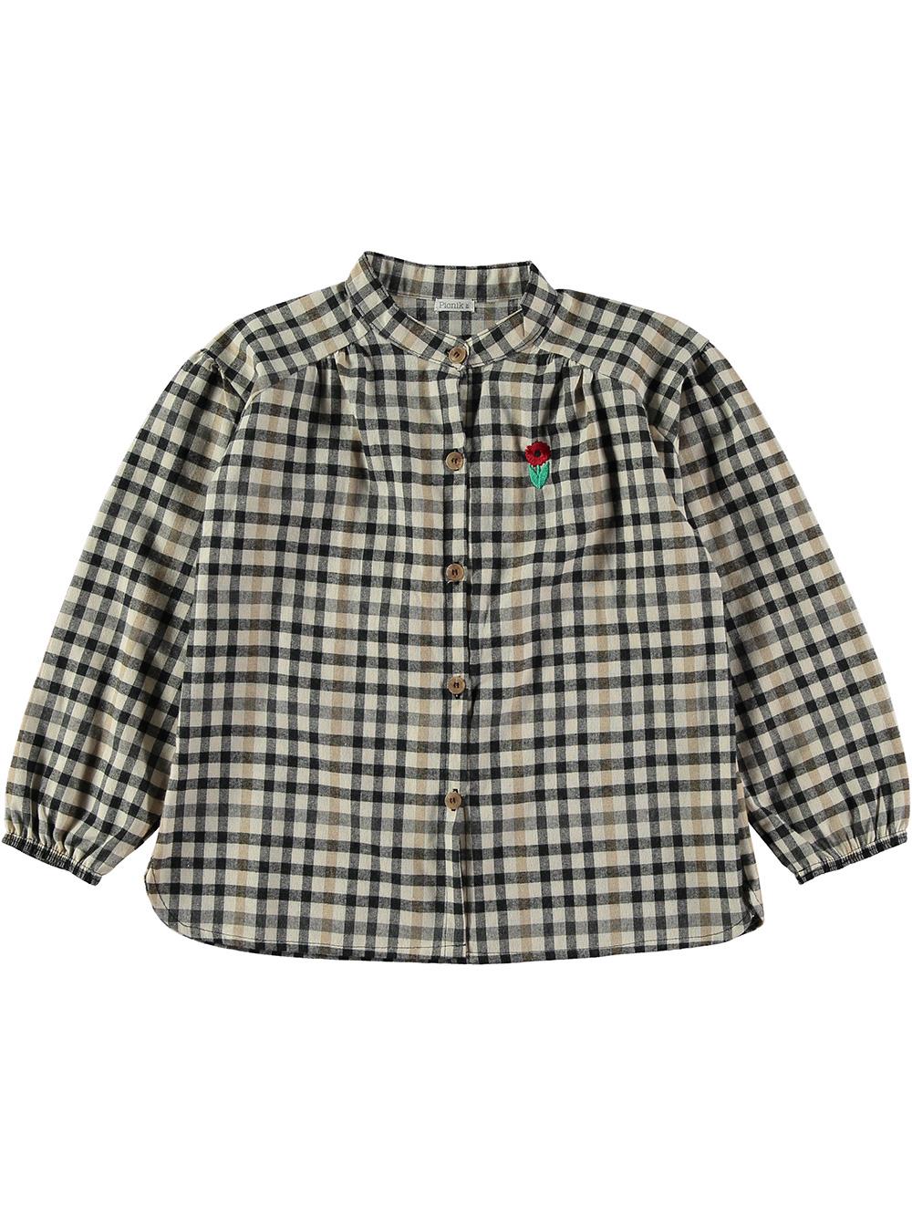 FLOWER EMBROIDERY CHECKED MAO NECK SHIRT