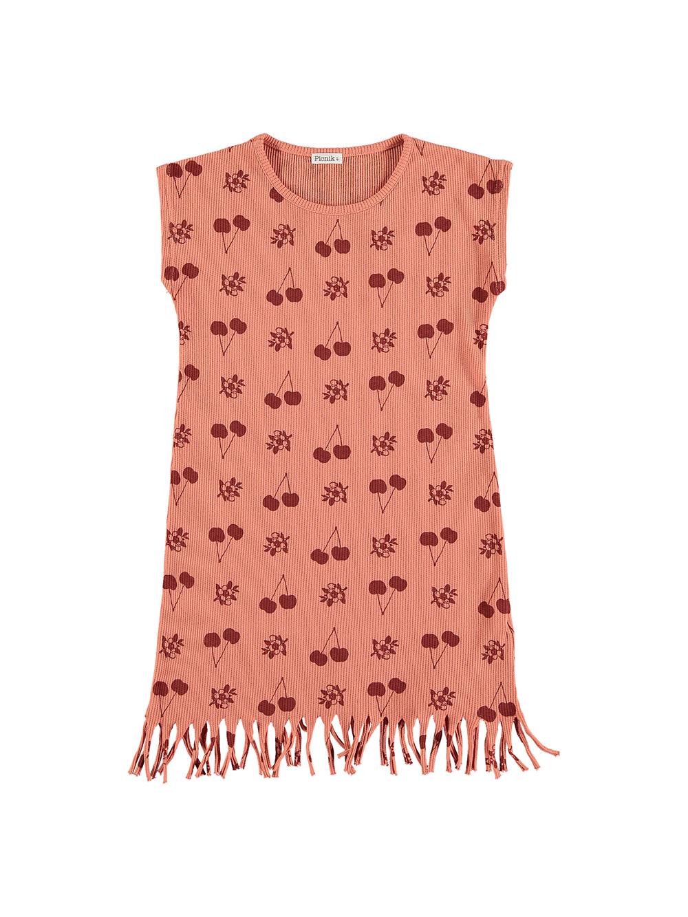 VESTIDO ESTAMPADO CEREZAS FLEQUILLO SALMÓN