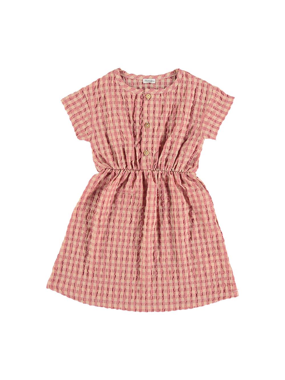 VESTIDO MANGA CORTA Y CINTURA VICHY ROSA