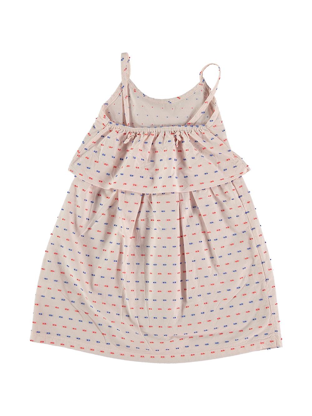 VESTIDO ROSA PASTEL TIRANTES LUNARES AZULES Y ROJOS RELIEVE