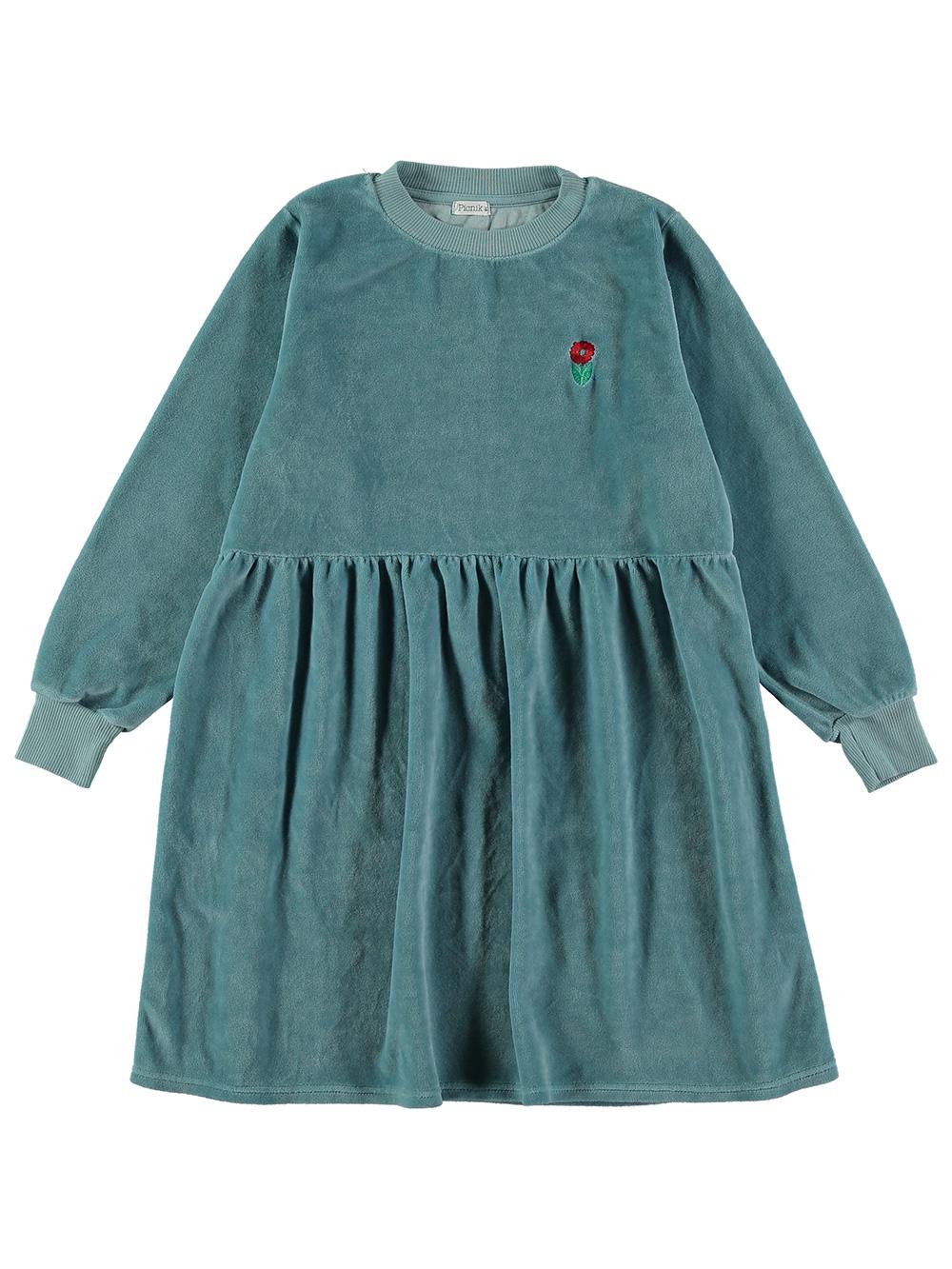 BLUE FLOWER EMBROIDERED VELVET DRESS