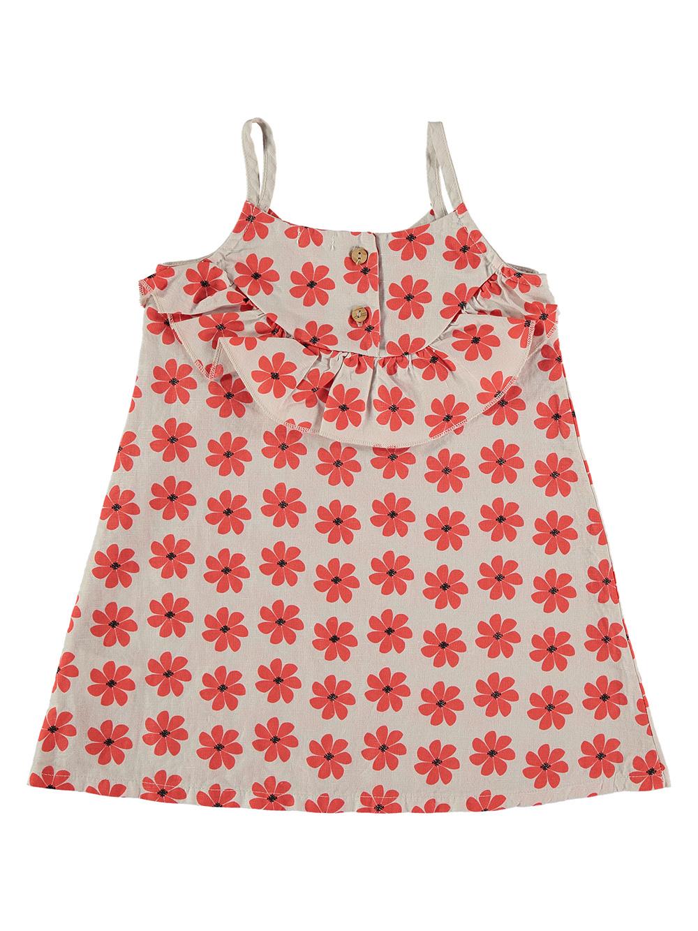 VESTIDO VOLANTES PIEDRA ESTAMPADO FLORES ROJAS
