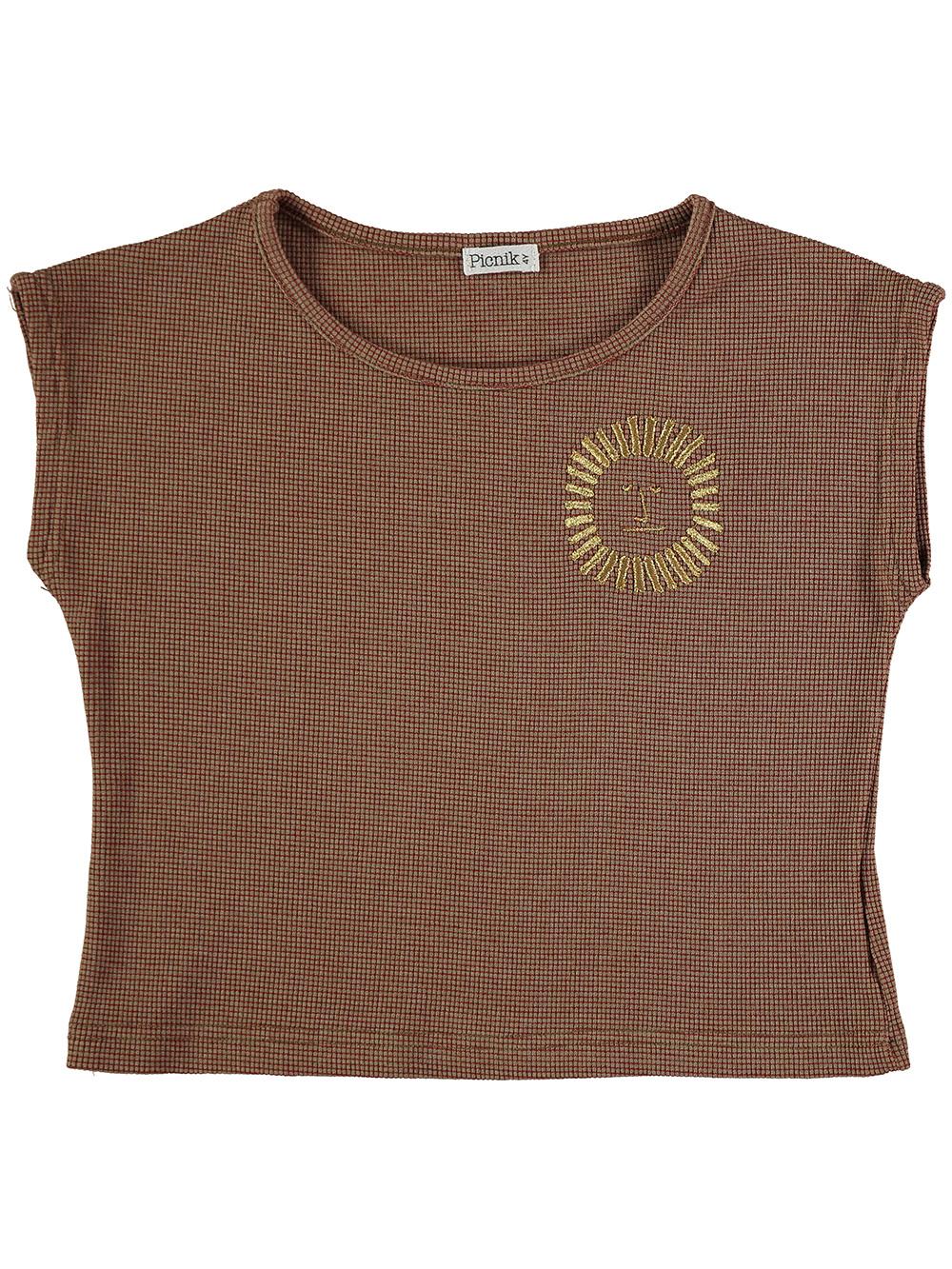 CAMISETA MANGA CORTA BORDADO SOL RAYAS BLANCO Y MARRÓN