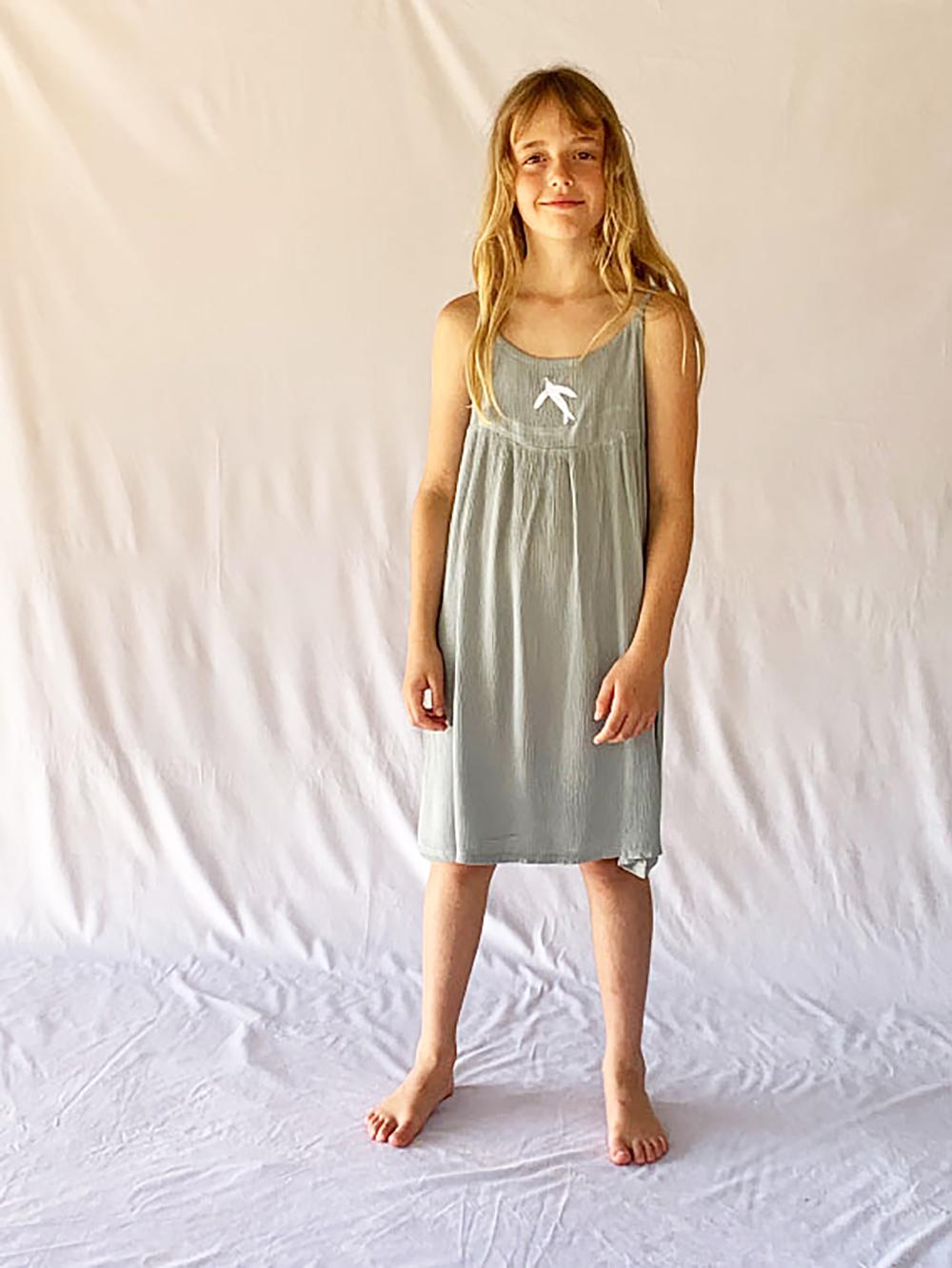 GRAY BIRD EMBROIDERED STRAPS DRESS