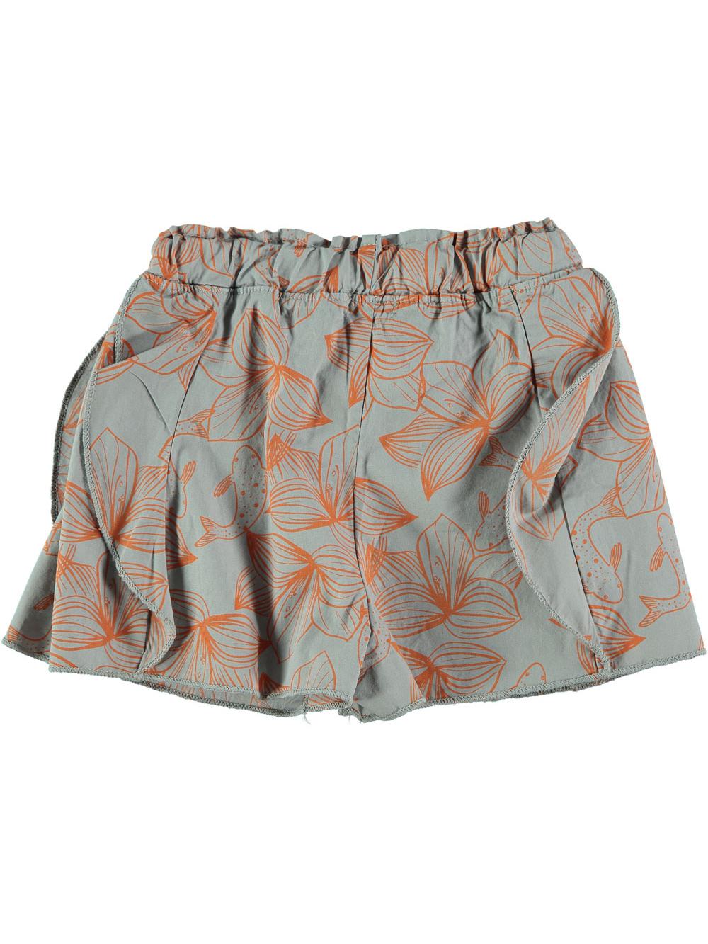 GRAY FISH AND FLOWER PRINT RUFFLED SHORTS