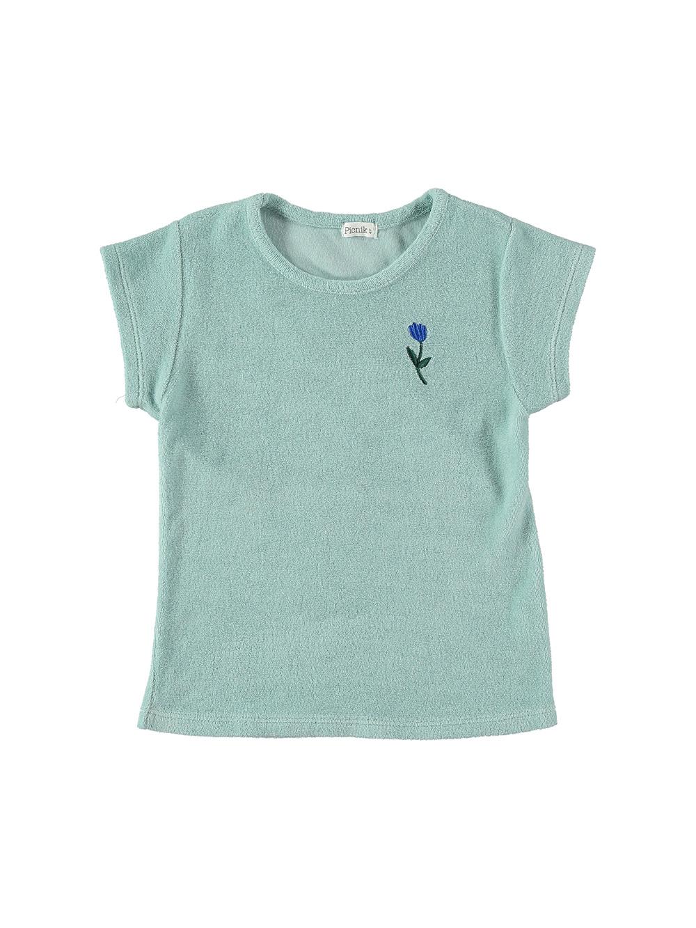 CAMISETA MANGA CORTA AZUL CLARO BORDADO FLOR EN RIZO