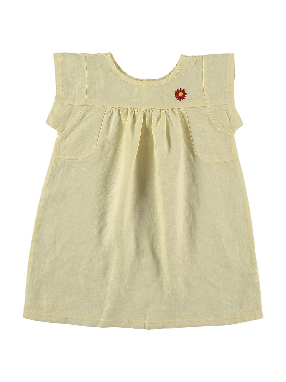VESTIDO CORTO LINO AMARILLO BORDADO CON FLOR