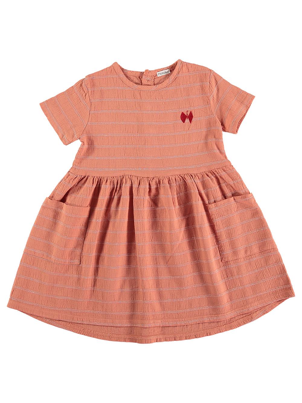 VESTIDO BOLSILLOS BORDADO MARIPOSA SALMÓN Y LÚREX
