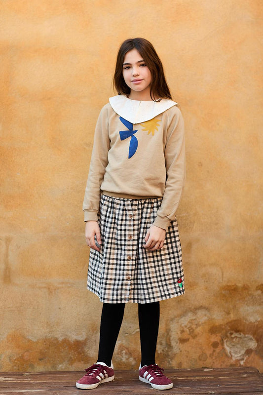 MULTICOLOR CHECKED SKIRT WITH FLOWER EMBROIDERY