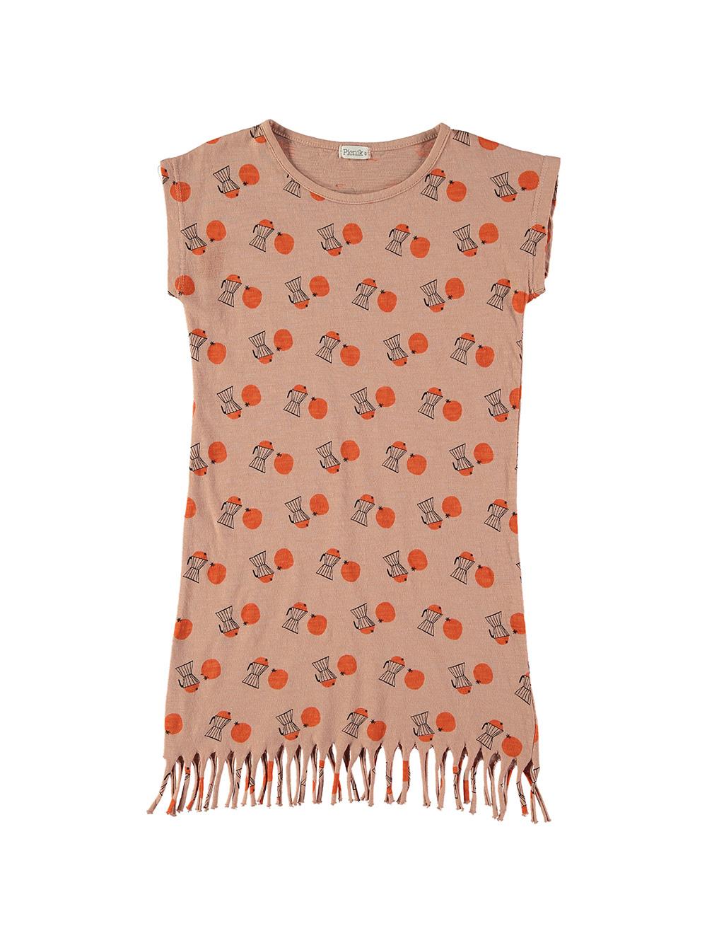 VESTIDO CON FLECOS ROSA ESTAMPADO CAFETERAS Y NARANJAS
