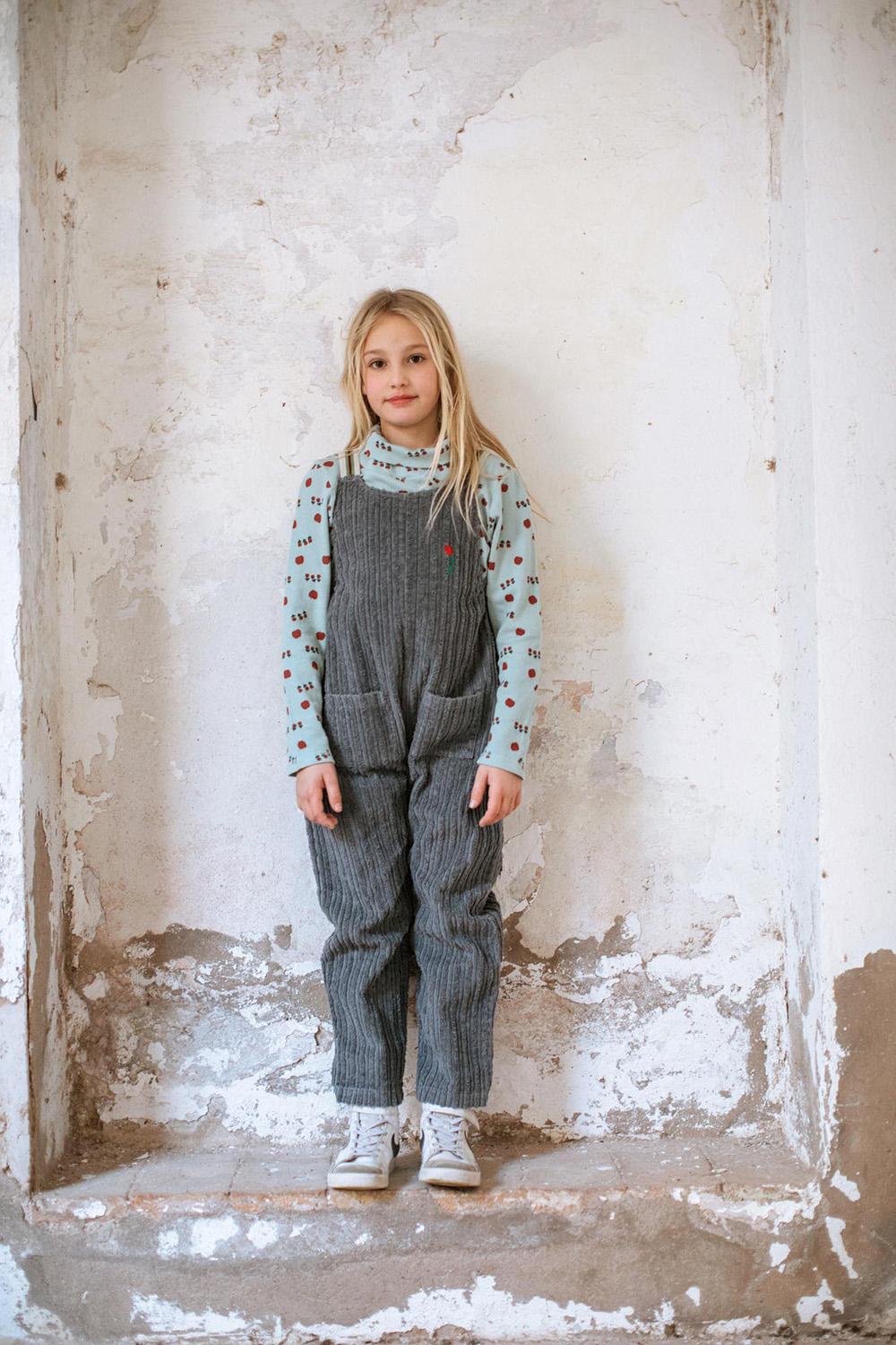DARK GRAY TULIP EMBROIDERED CORDUROY SUSPENDED JUMPSUIT