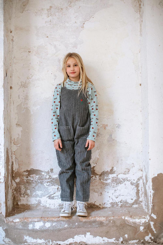 DARK GRAY TULIP EMBROIDERED CORDUROY SUSPENDED JUMPSUIT