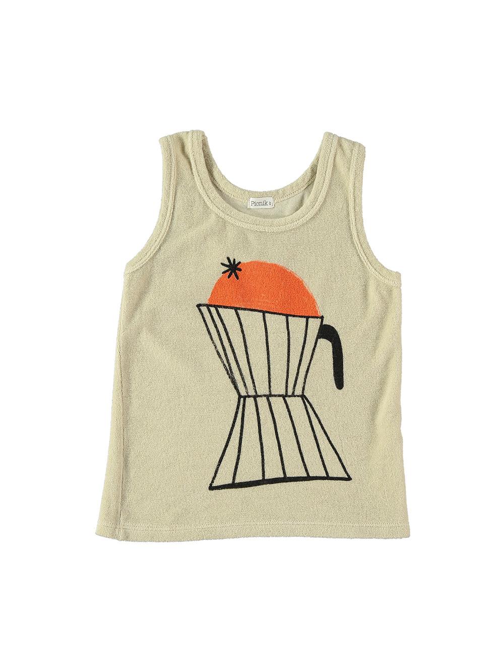 CAMISETA TIRANTESEN RIZO BLANCO ROTO ESTAMPADO CAFETERA Y NARANJA