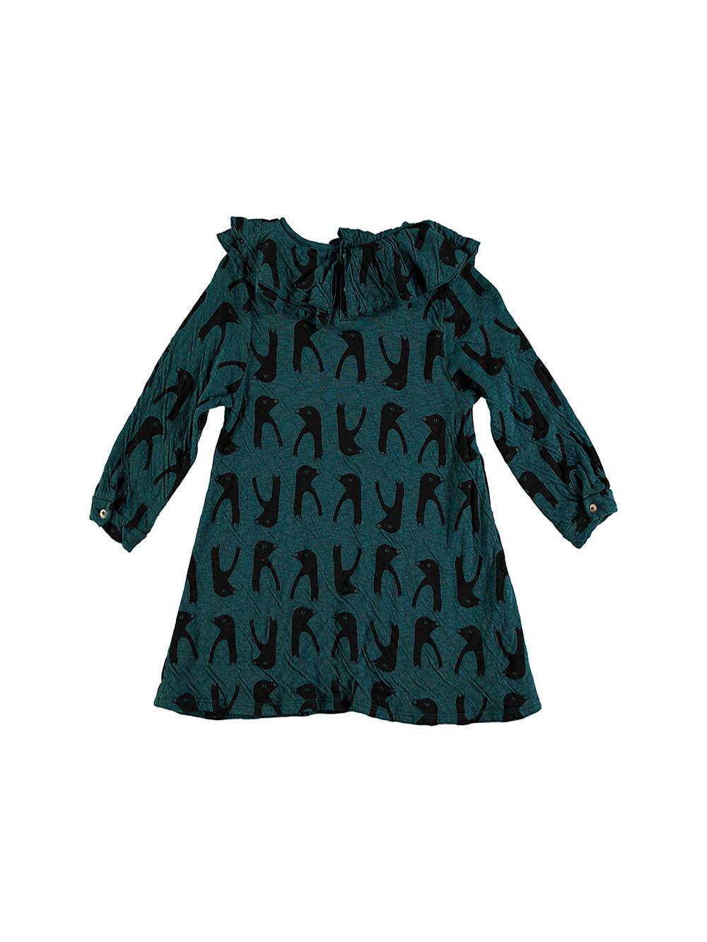 VESTIDO CUELLO VOLANTE ESTAMPADO PINGUINOS VERDE OSCURO