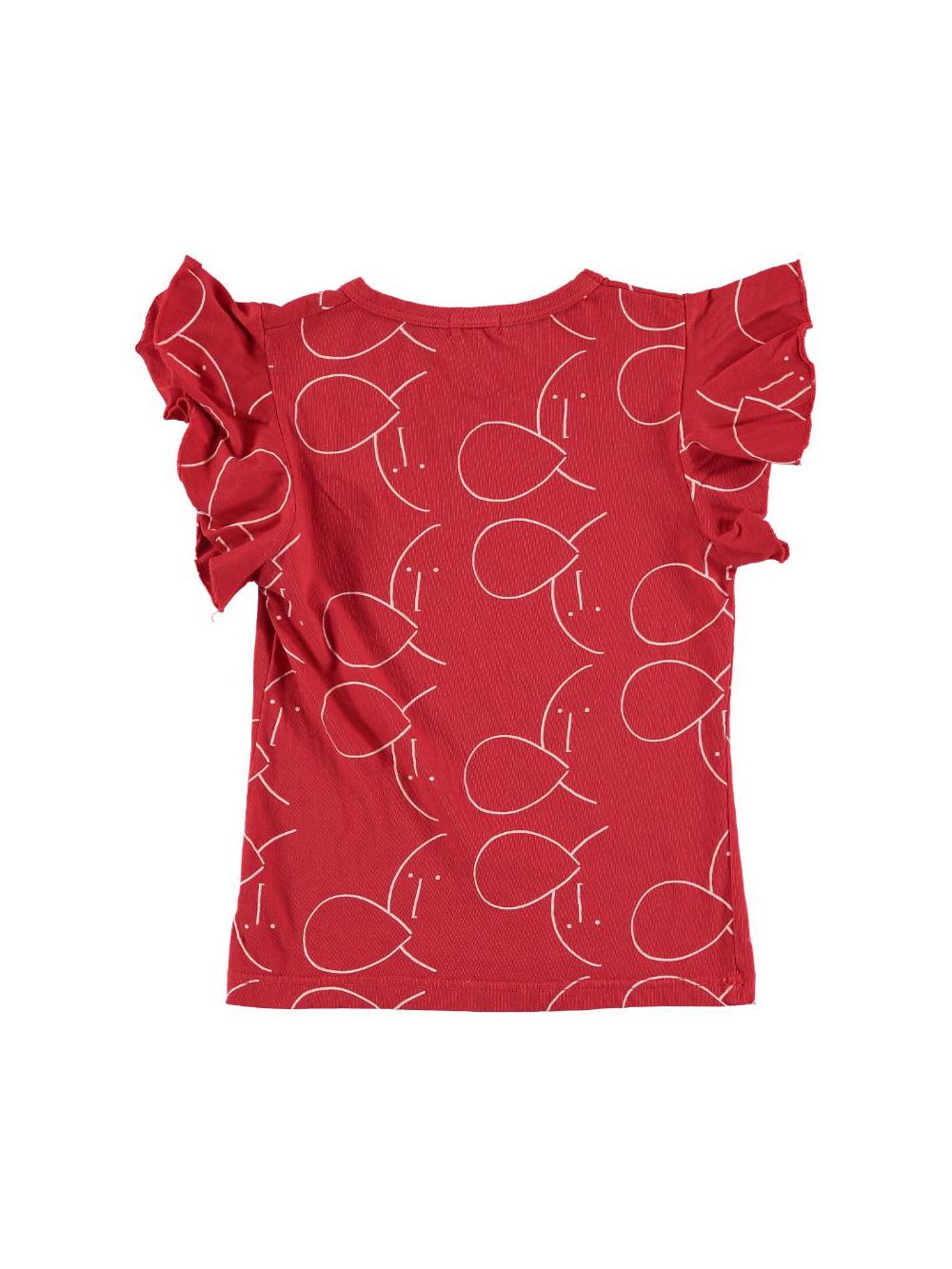 CAMISETA VOLANTES ESTAMPADO CARAS Y GLOBOS ROJA