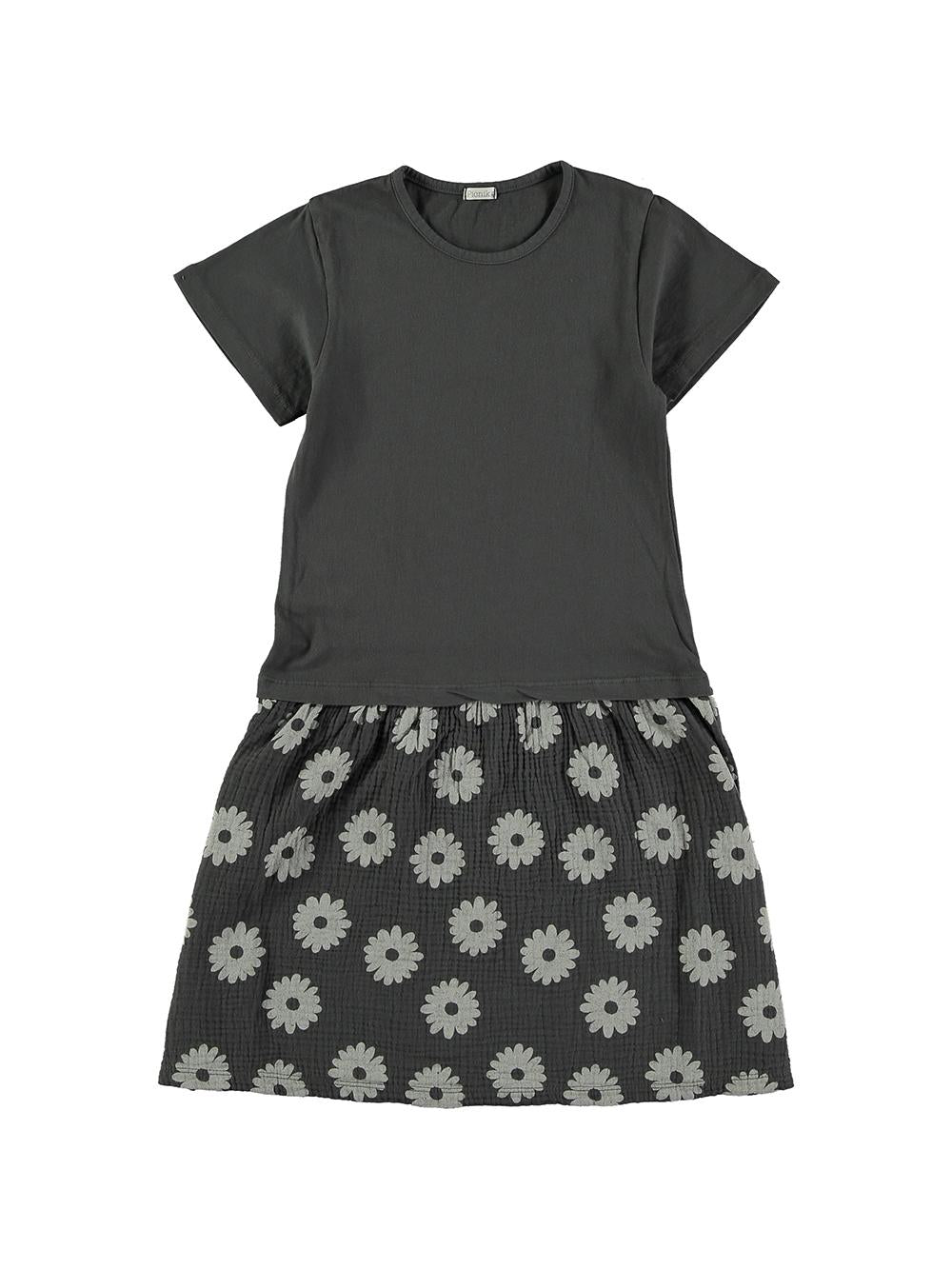 VESTIDO MANGA CORTA CON FALDA ESTAMPADA MARGARITAS COLOR GRIS OSCURO