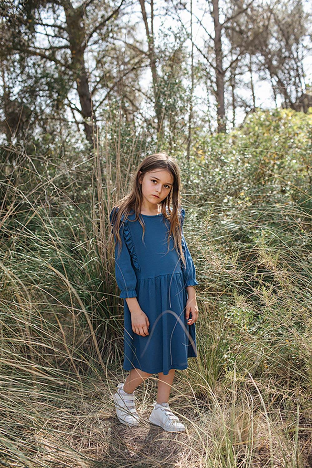 VESTIDO MANGA TRES CUARTOS BORDADO NOTA AZUL MARINO