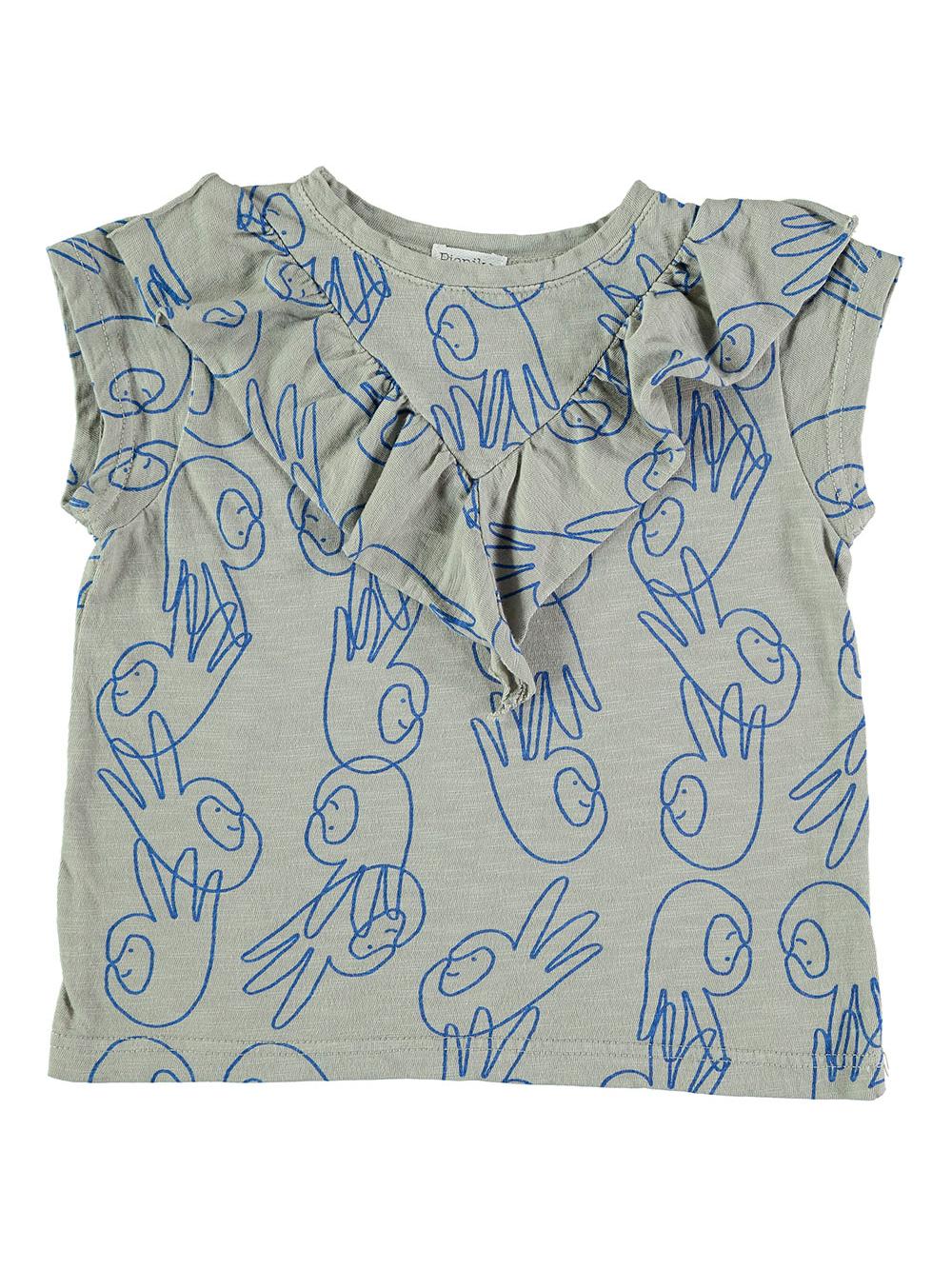 CAMISETA VOLANTES ESTAMPADO MANOS Y CARAS GRIS