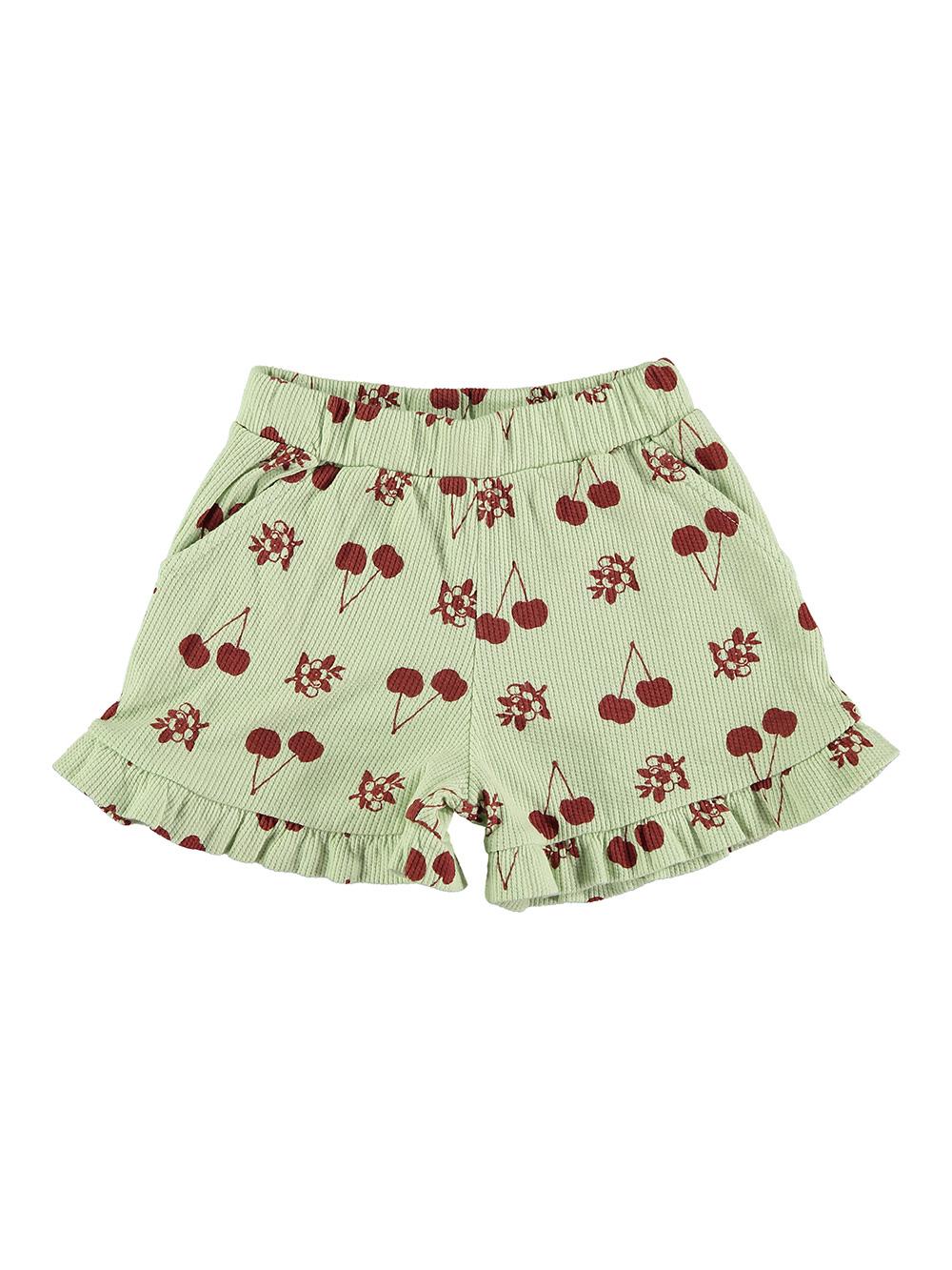 GREEN CHERRY PRINT RUFFLED PANTS