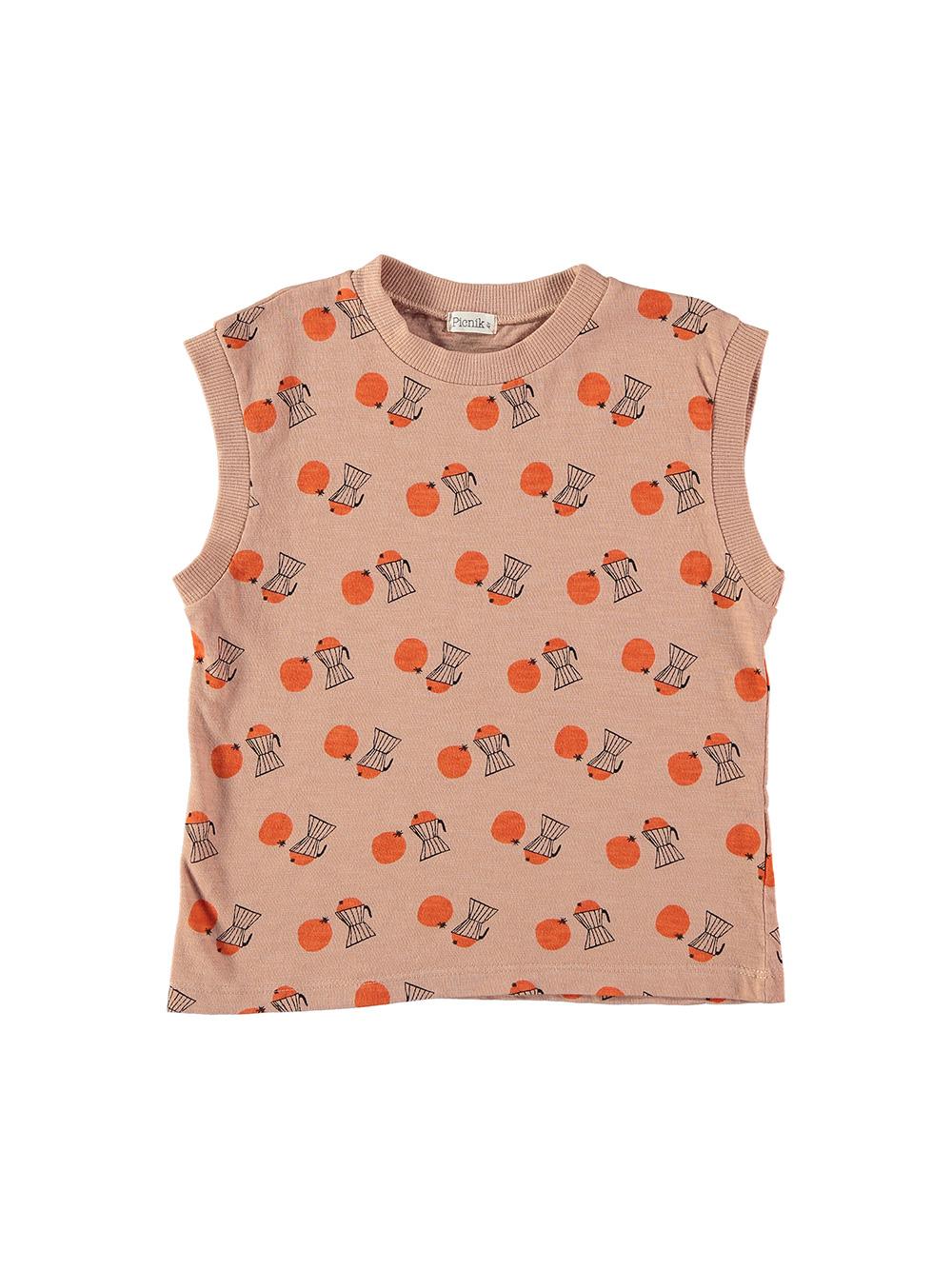 CAMISETA SIN MANGASMELOCOTÓN ESTAMPADA CAFETERAS Y NARANJAS