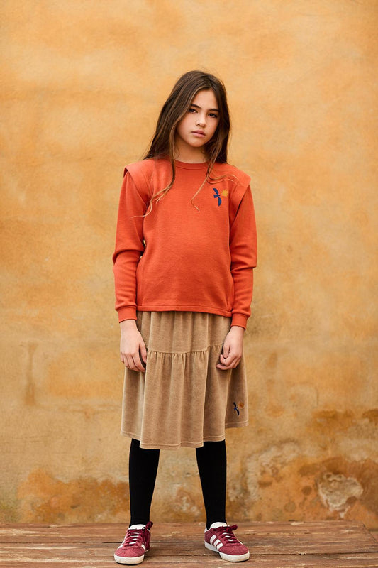 CAMEL VELVET SKIRT WITH BIRD AND SUN EMBROIDERY