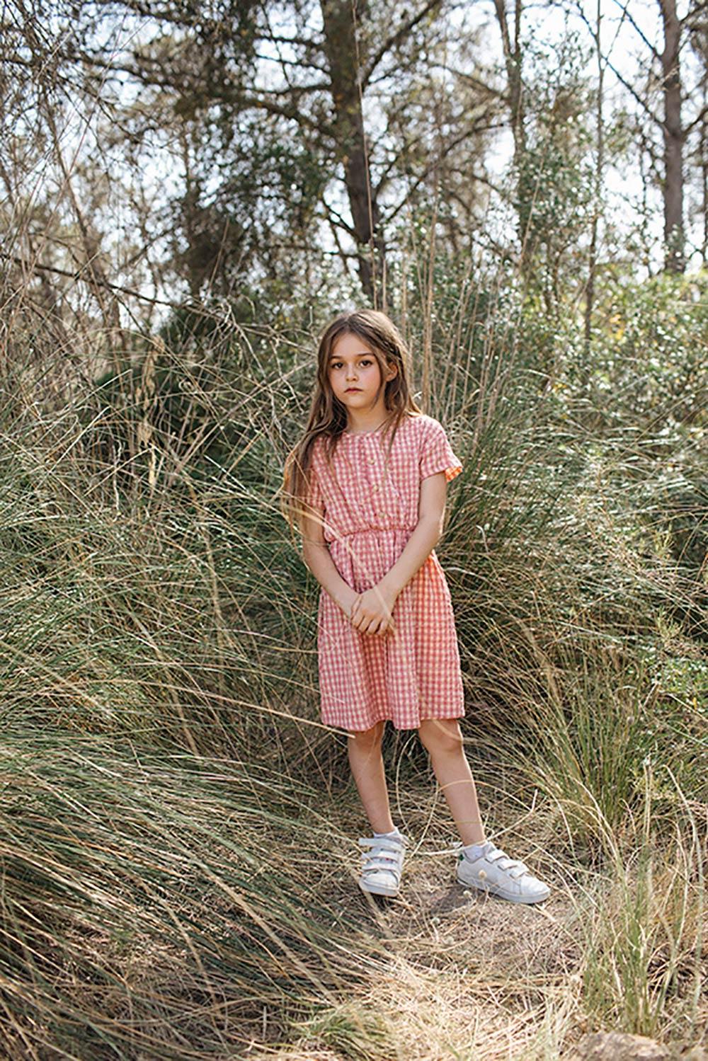 VESTIDO MANGA CORTA Y CINTURA VICHY ROSA
