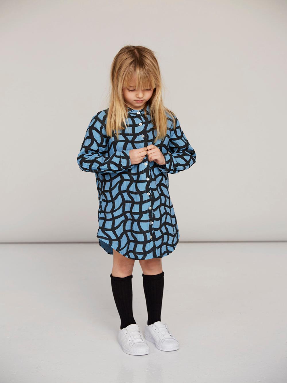 BLUE GRID PRINT SHIRT DRESS