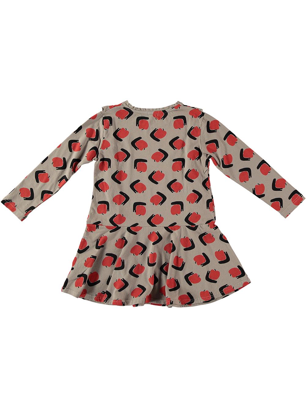 VESTIDO VOLANTES ESTAMPADO CARACOLES MANZANAS CAMEL