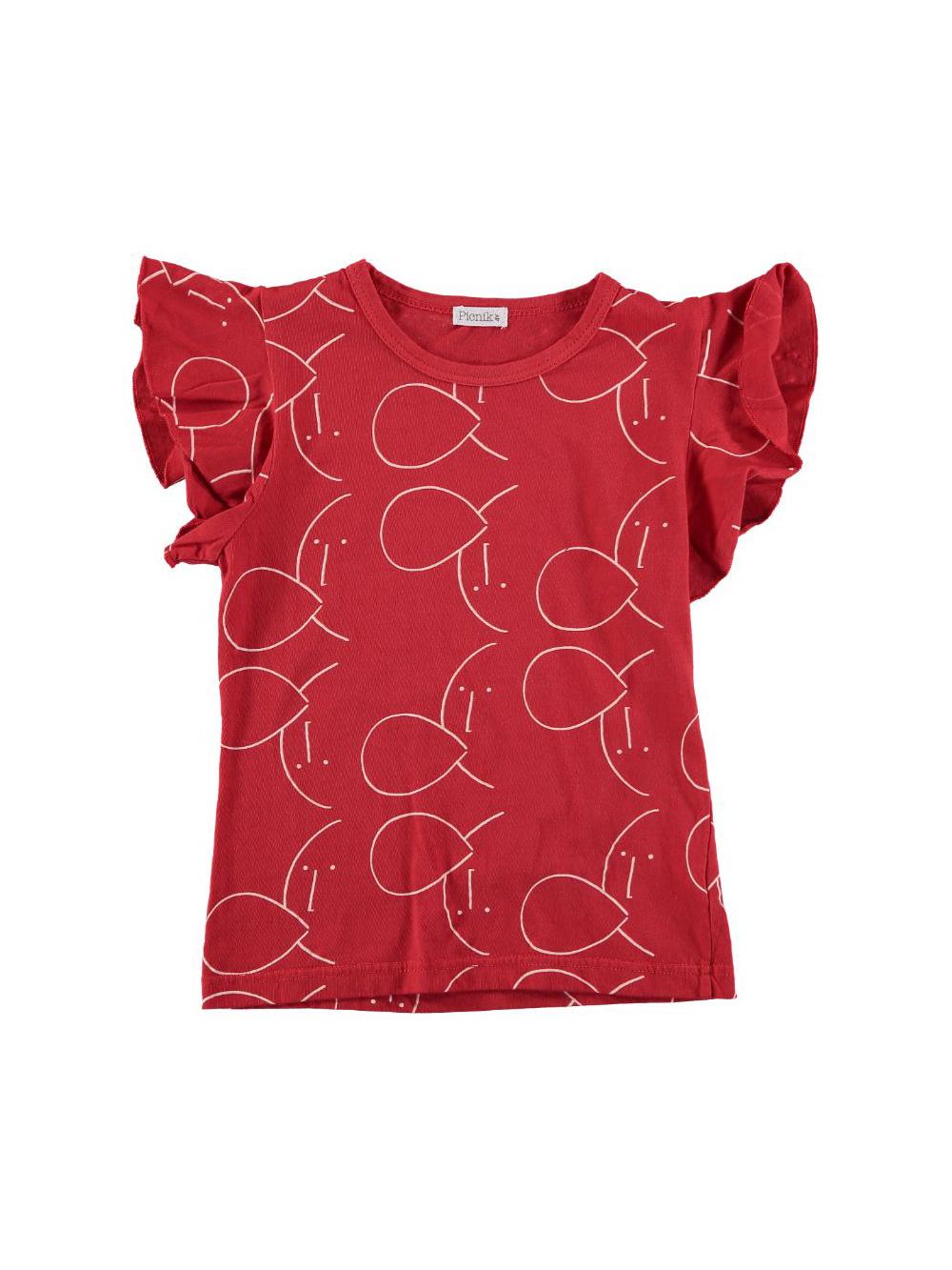 CAMISETA VOLANTES ESTAMPADO CARAS Y GLOBOS ROJA