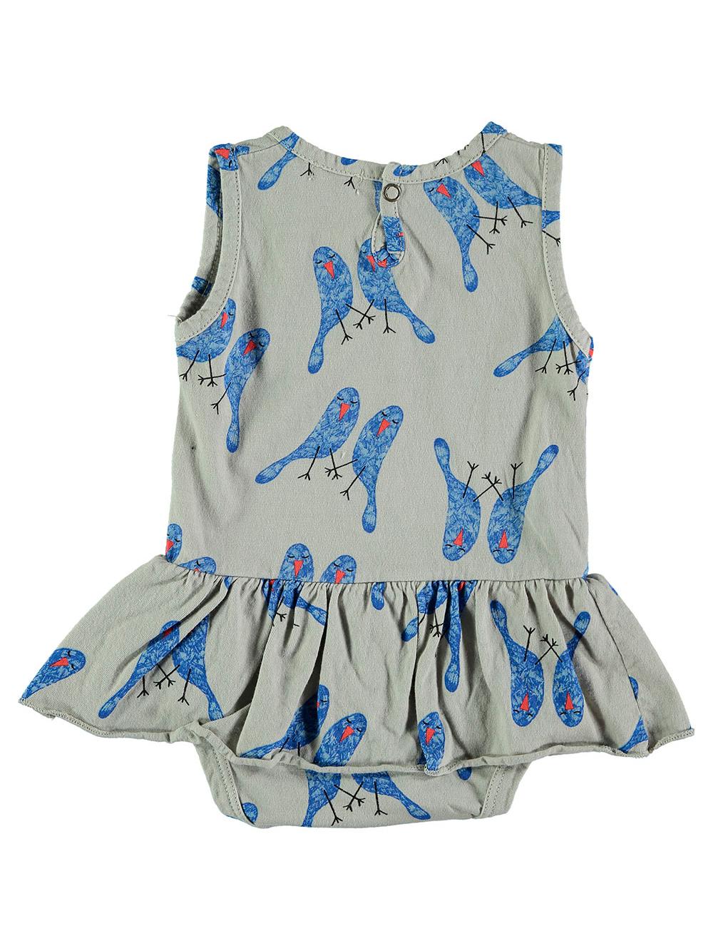 GRAY SLEEPING BIRDS PRINTED RUFFLED STRAPS BODYSUIT