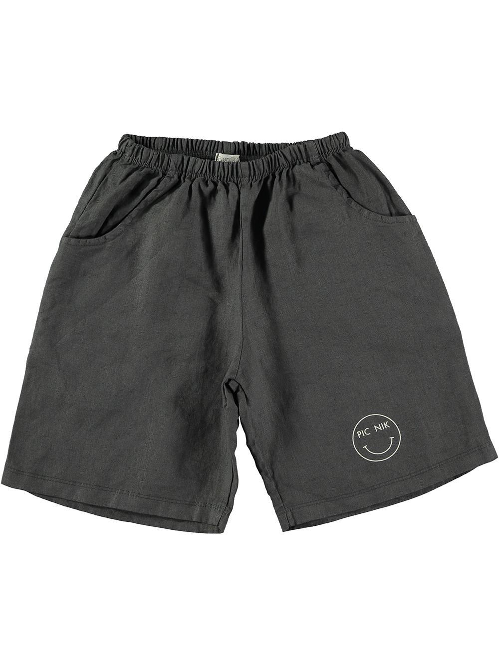 PANTALÓN CORTO LINO NEGRO CON ESTAMPADO SMILE