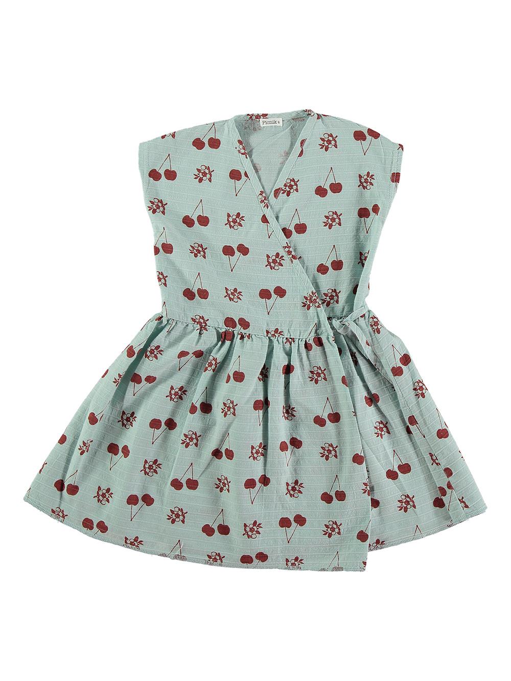 VESTIDO CINTURÓN ESTAMPADO CEREZAS AZUL CLARO