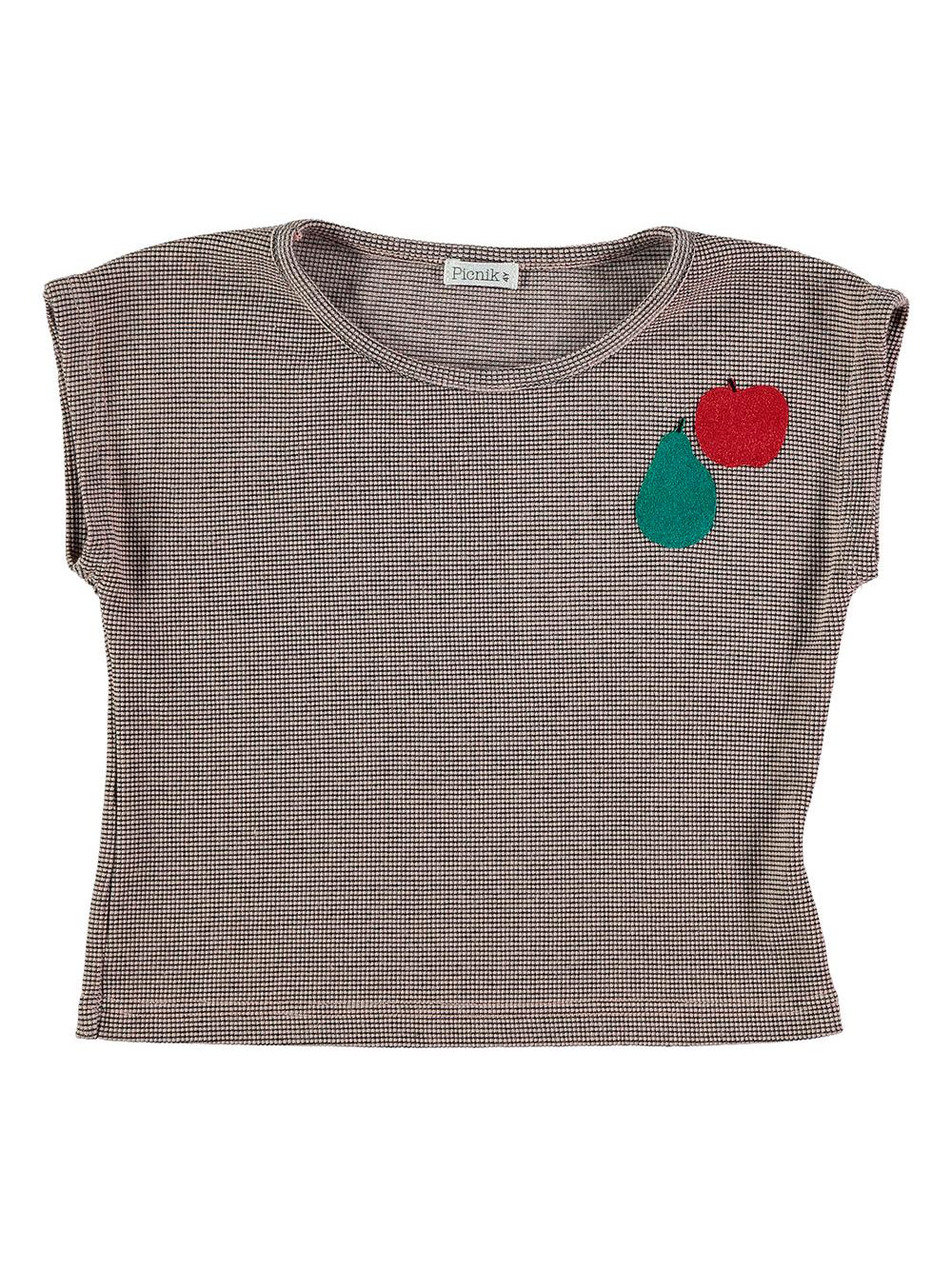 CAMISETA CROPPED BORDADO MANZANA Y PERA NEGRO Y ROSA