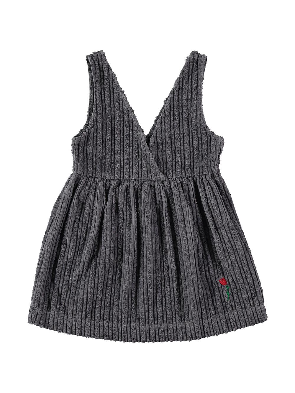 DARK GRAY FLOWER EMBROIDERED STRAPS CORDUROY DRESS