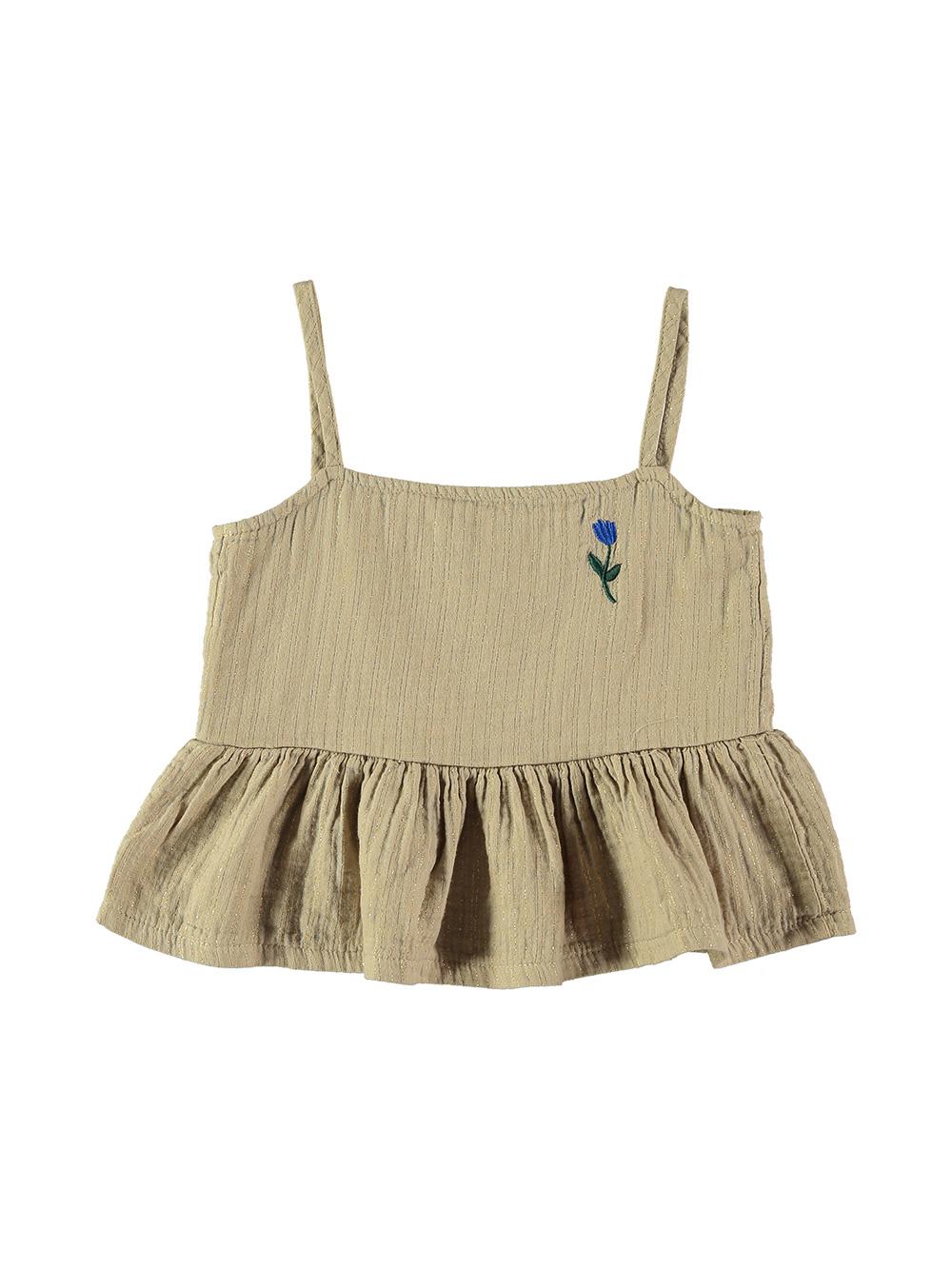 CAMISA TIRANTES CAMEL CON VOLANTE CROPPED BORDADO FRESA