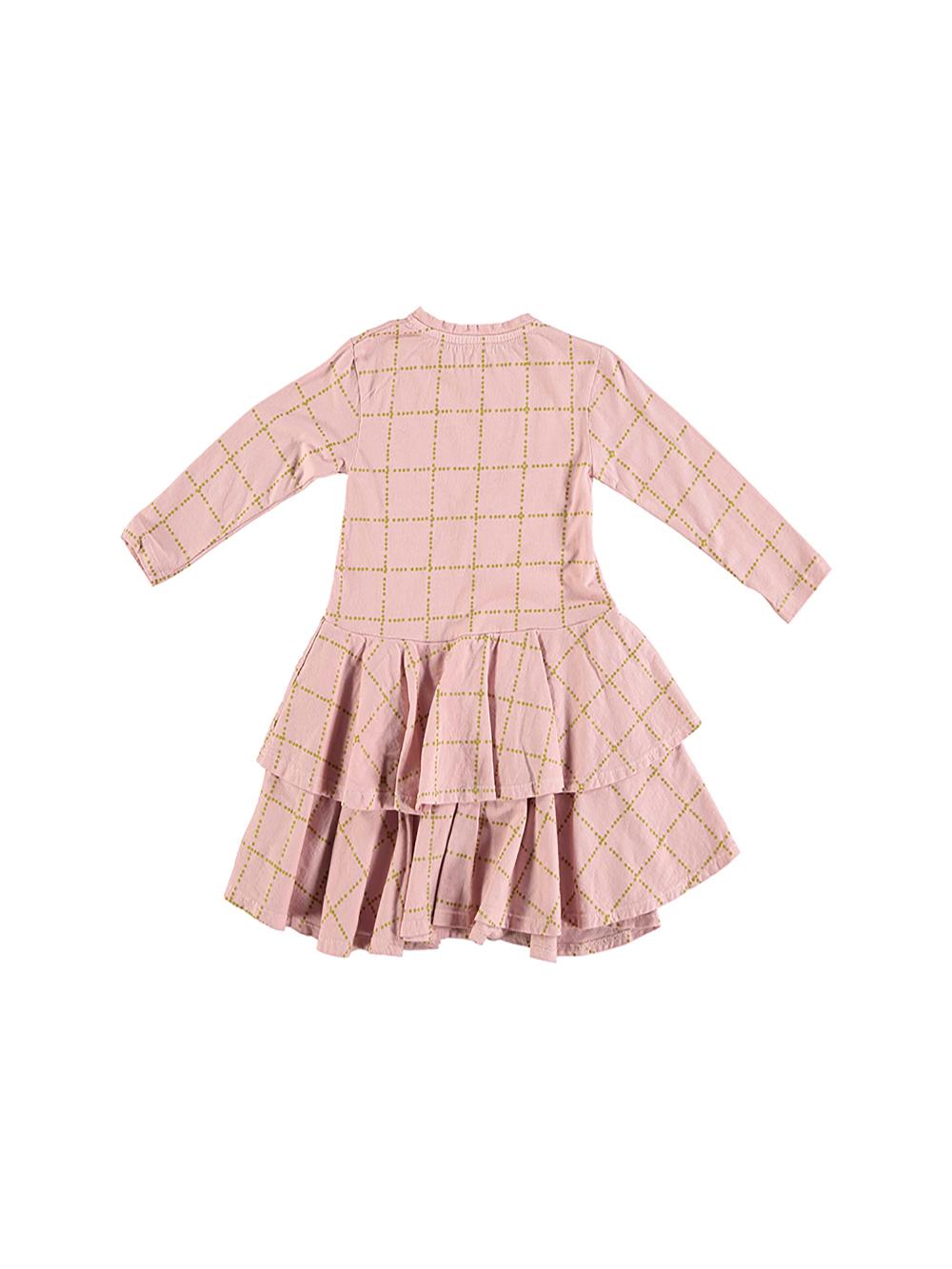 VESTIDO DOBLE VOLANTE ROSA ESTAMPADO CUADRÍCULA