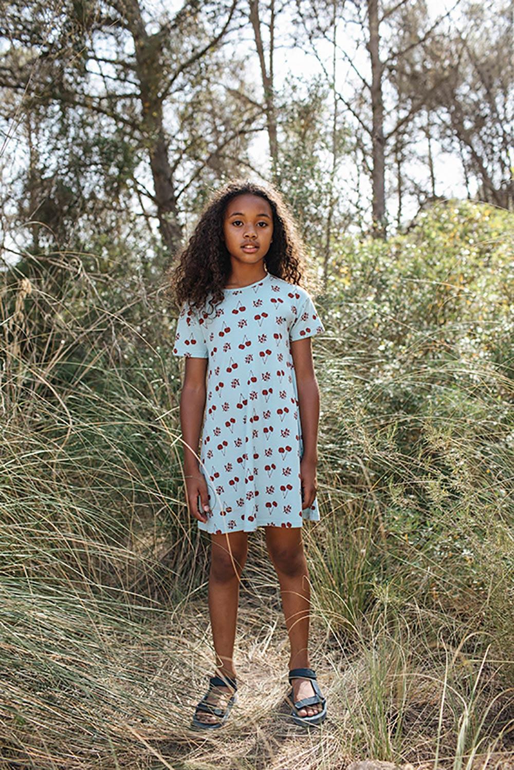 VESTIDO EVASÉ ESTAMPADO CEREZAS AZUL CLARO CLARO
