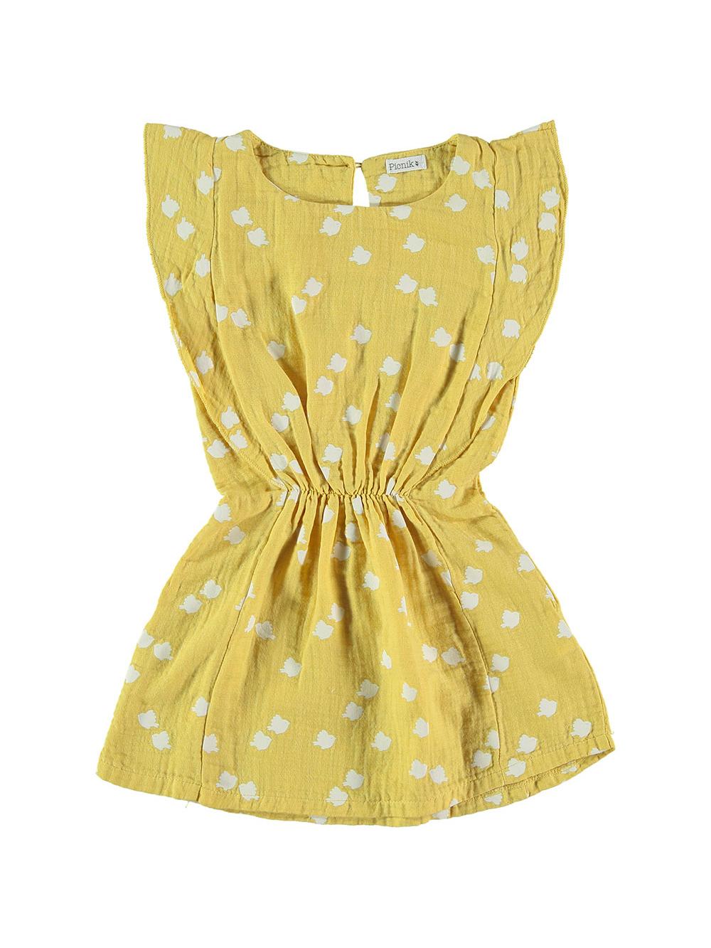 VESTIDO VOLANTES ESTAMPADO PAJARITOS AMARILLO