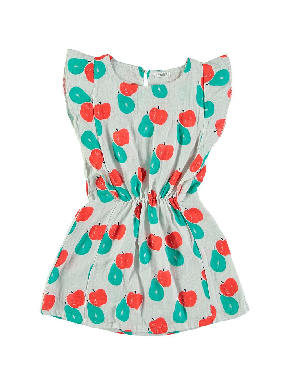 VESTIDO VOLANTES ESTAMPADO MANZANAS Y PERAS BLANCO
