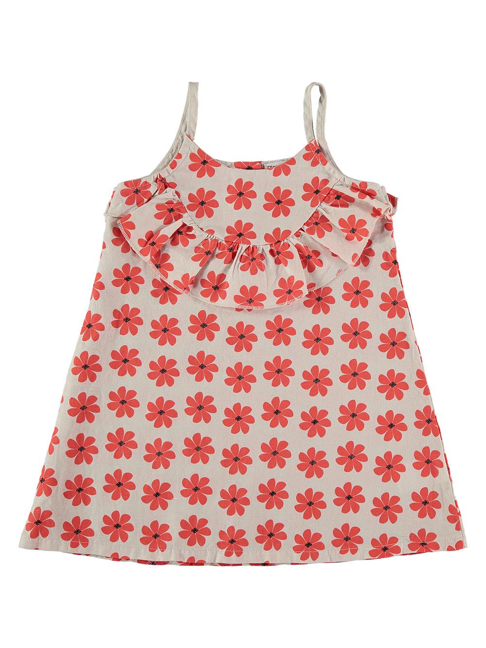 VESTIDO VOLANTES PIEDRA ESTAMPADO FLORES ROJAS