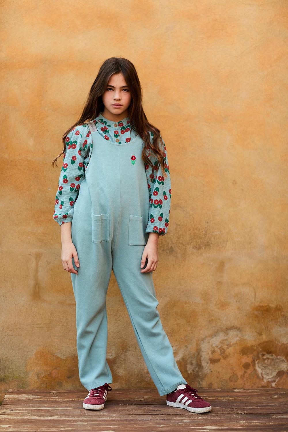 BLUE MAO COLLAR SHIRT WITH FLOWER PRINT