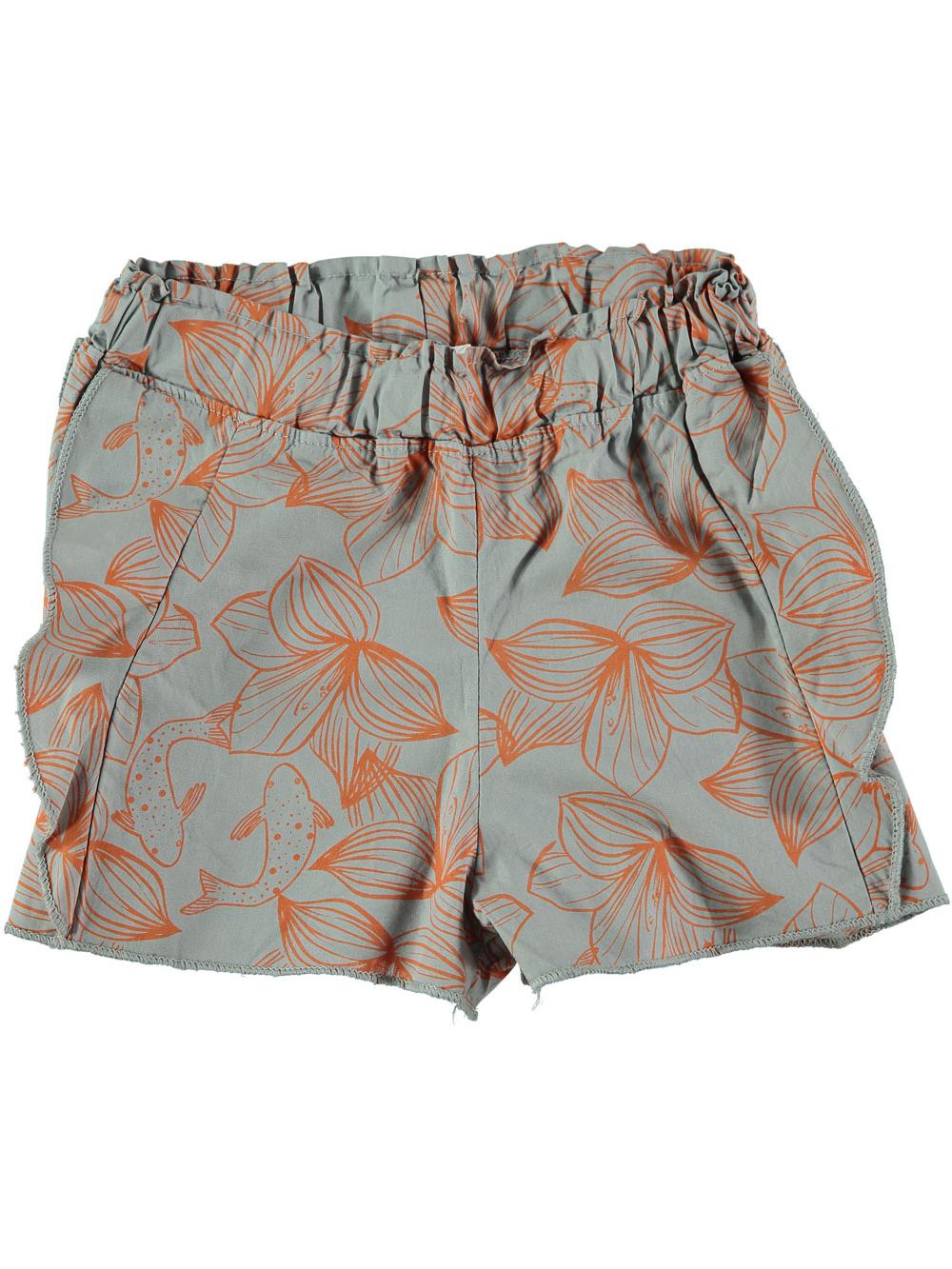 GRAY FISH AND FLOWER PRINT RUFFLED SHORTS