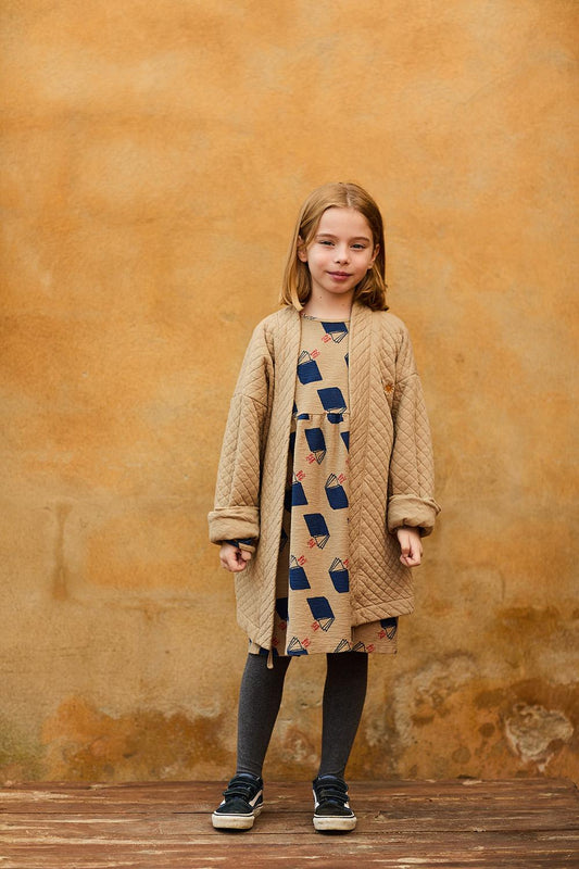 CAMEL QUILTED KIMONO WITH BIRD AND SUN EMBROIDERY