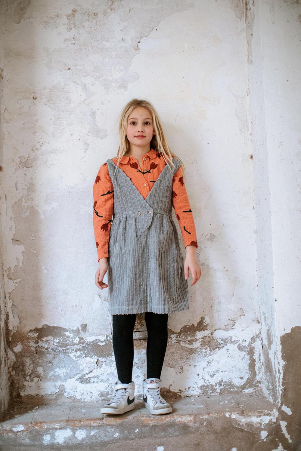 CORDUROY DRESS WITH BIRD EMBROIDERY STRAPS ALLO GRAY