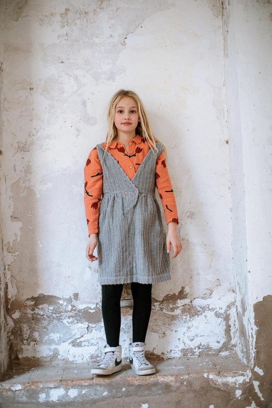 CORDUROY DRESS WITH BIRD EMBROIDERY STRAPS ALLO GRAY